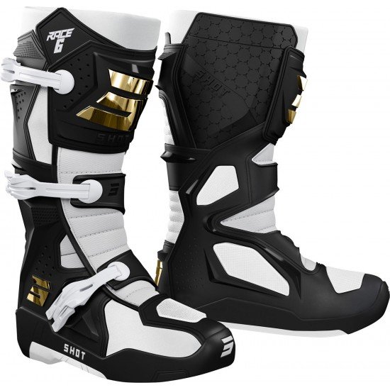 Botas RACE 6 Pretas/Brancas/Douradas Shot Botas RACE 6 Pretas/Brancas/Douradas Shot